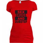Женская удлиненная футболка "Sex, drugs and Dubstep"