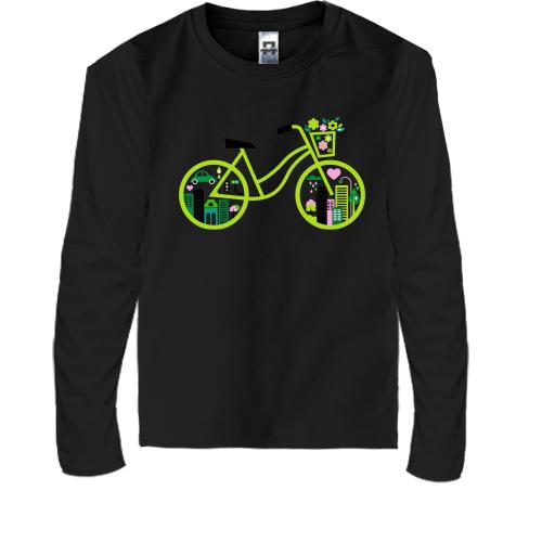 Дитячий лонгслів з зеленим велосипедом