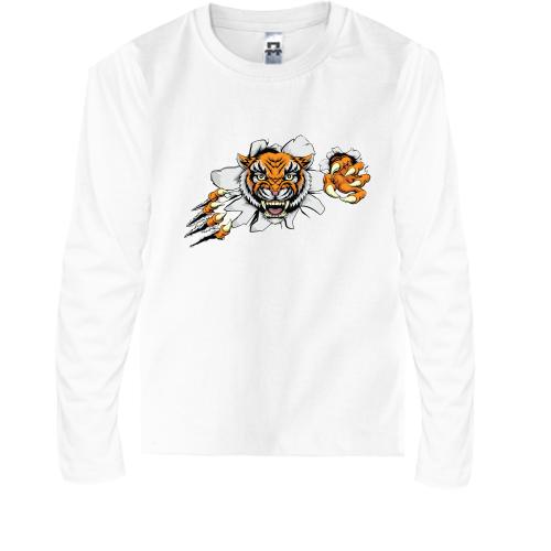 Детский лонгслив с тигром разрывающим футболку