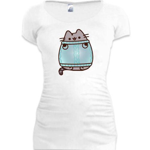 Подовжена футболка з Пушин котом в светрі