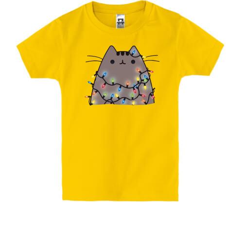 Детская футболка с Пушин котом в гирляндах
