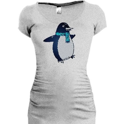Подовжена футболка з пінгвіном в шарфику
