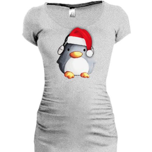 Подовжена футболка з пінгвіном в новорічній шапочці