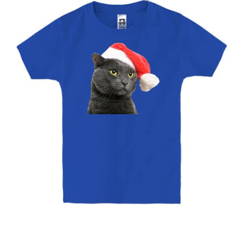 Дитяча футболка з котом в новорічному ковпаку