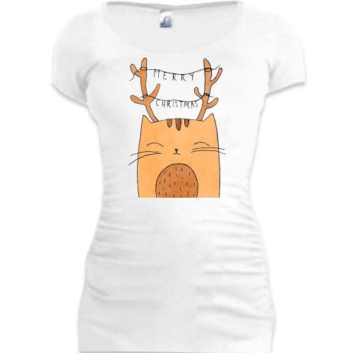 Подовжена футболка з котом і оленячими ріжками