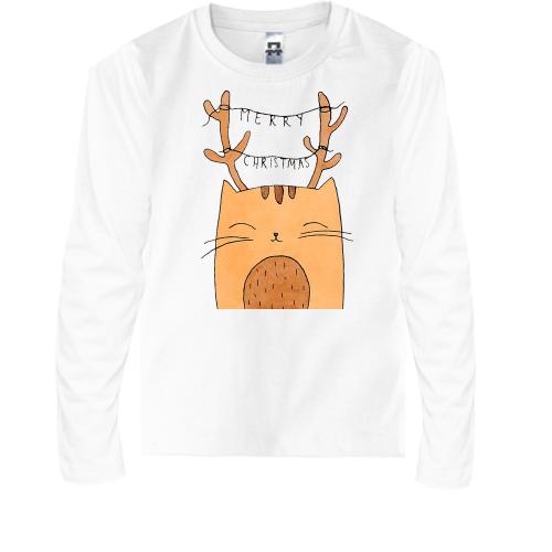 Детская футболка с длинным рукавом с котом и оленьими рожками