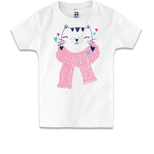 Детская футболка с котом в розовом шарфе