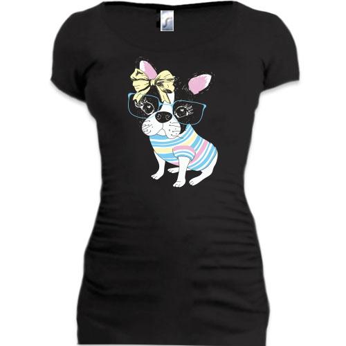 Подовжена футболка з собакою і бантиком