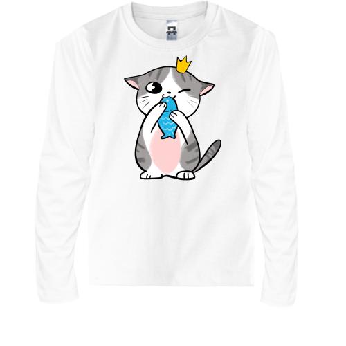 Детская футболка с длинным рукавом с котом кушающим рыбку