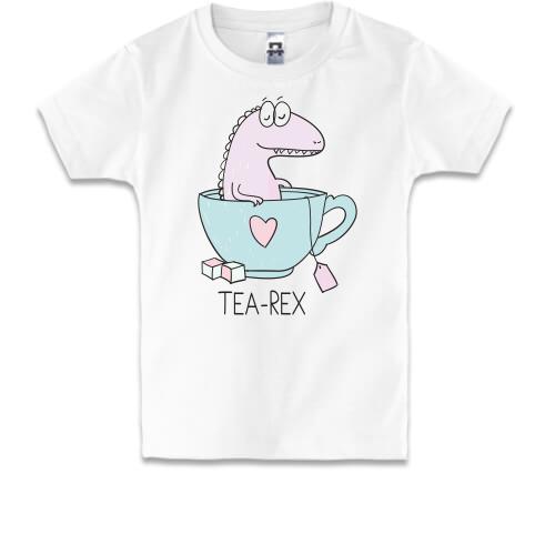 Детская футболка с надписью Tea Rex и динозавром в чашке