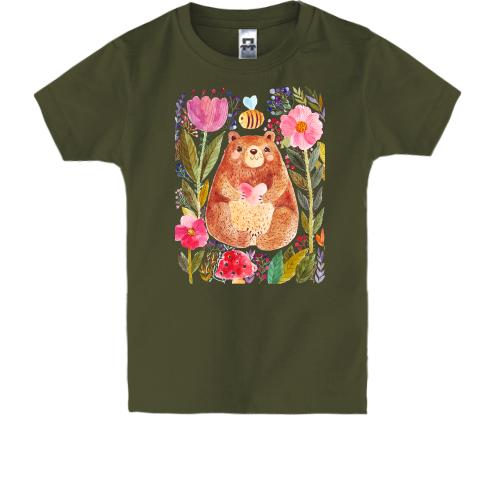 Детская футболка с мишкой в цветах