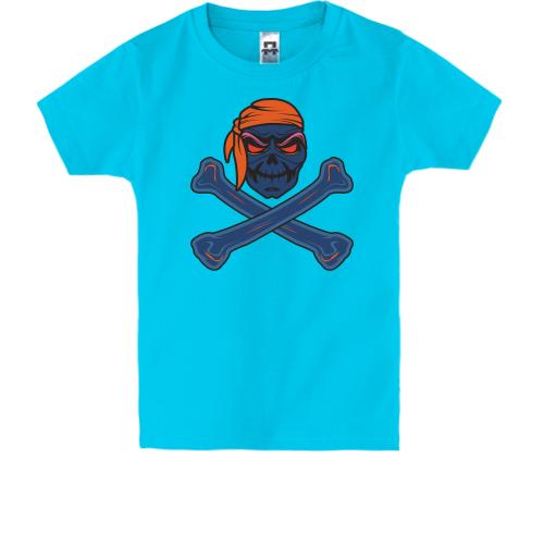 Детская футболка с синим скелетом в оранжевой бандане
