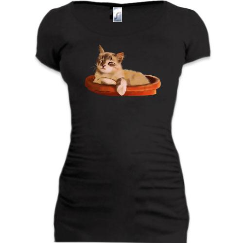 Подовжена футболка Задоволений кіт в горщику