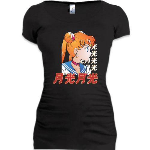 Подовжена футболка Anime girl with hieroglyphs