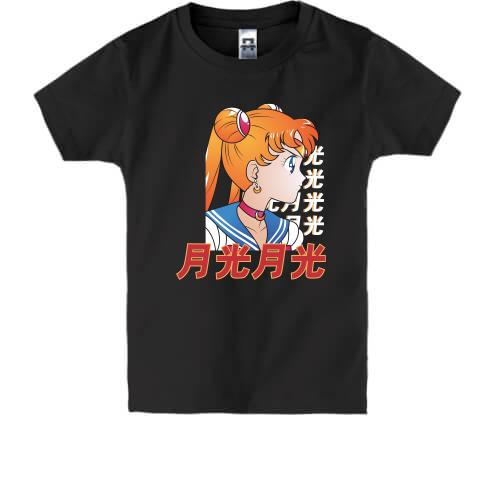 Детская футболка Anime girl with hieroglyphs