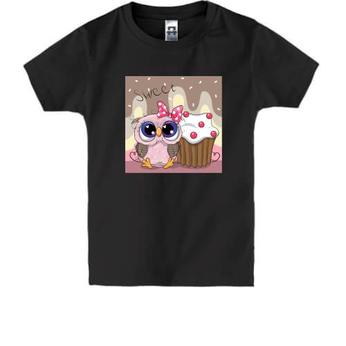 Детская футболка Baby owl with cupcake