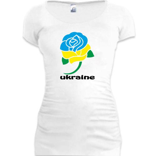 Подовжена футболка з жовто-синьою трояндою