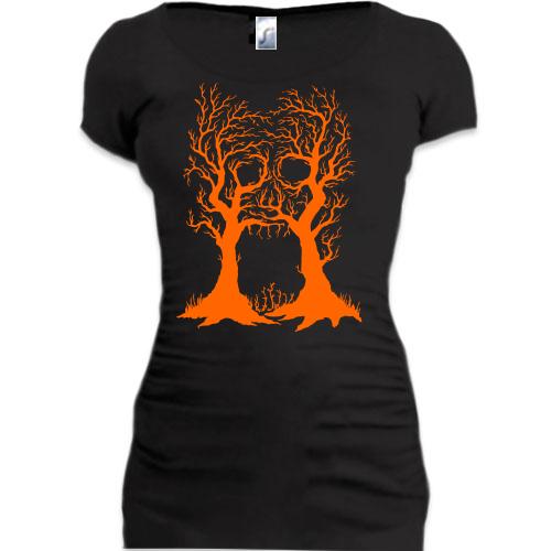 Женская удлиненная футболка с черепом из деревьев