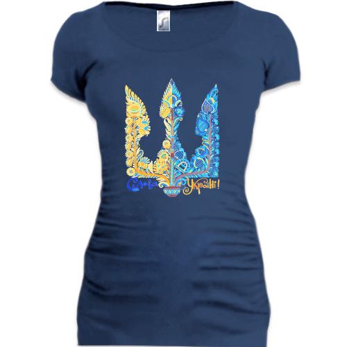 Подовжена футболка з орнаментним гербом - Слава Україні
