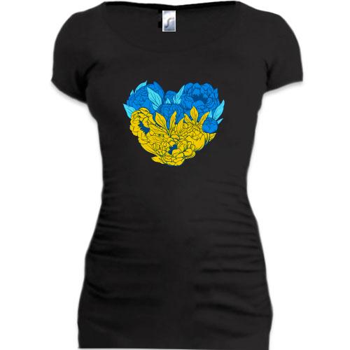 Подовжена футболка Серце із жовто-синіх квітів