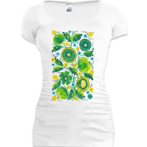 Подовжена футболка із зеленими акварельними квітами