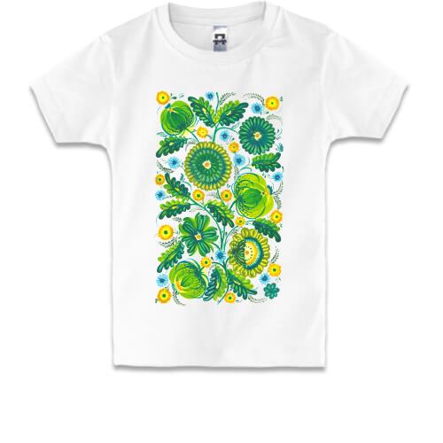 Детская футболка с зелеными акварельными цветами