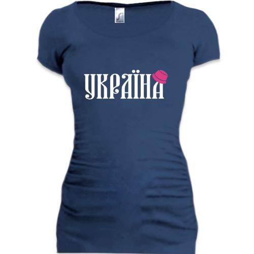 Подовжена футболка з написом Україна (з рожевою панамою)