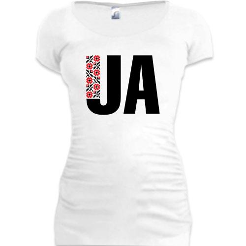 Подовжена футболка з написом UA у стилі вишиванки