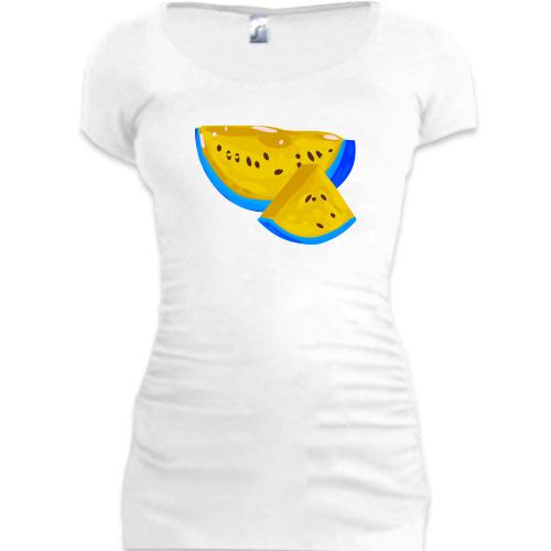 Подовжена футболка з жовто-синім кавуном