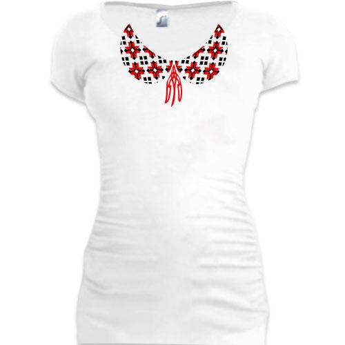 Женская удлиненная футболка с воротничком-вышиванкой (2)