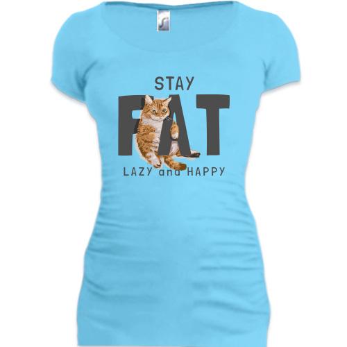 Подовжена футболка з котиком Fat Lazy and Happy