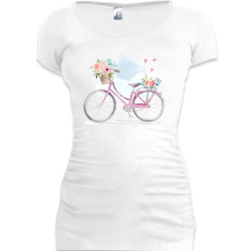 Подовжена футболка з рожевим велосипедом та квітами