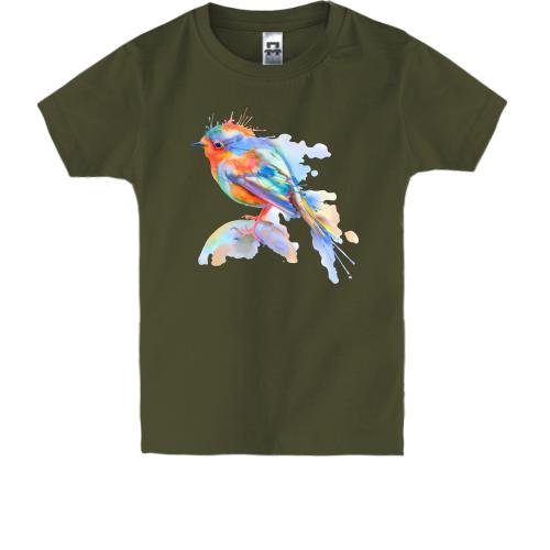 Детская футболка с маленькой акварельной птичкой