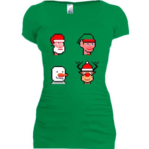 Подовжена футболка з піксельними новорічними персонажами