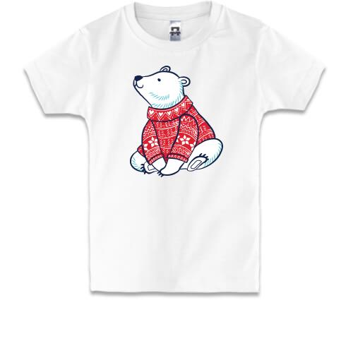 Детская футболка с белым мишкой в свитере