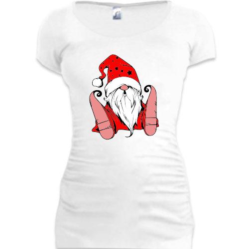 Подовжена футболка Санта сидить із шапкою на очах