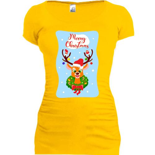 Подовжена футболка з оленем та прикрашеними рогами Щасливого Різдва