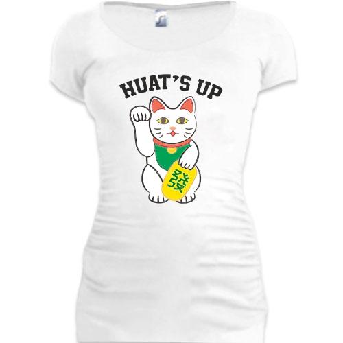 Подовжена футболка з котиком, який махає лапкою