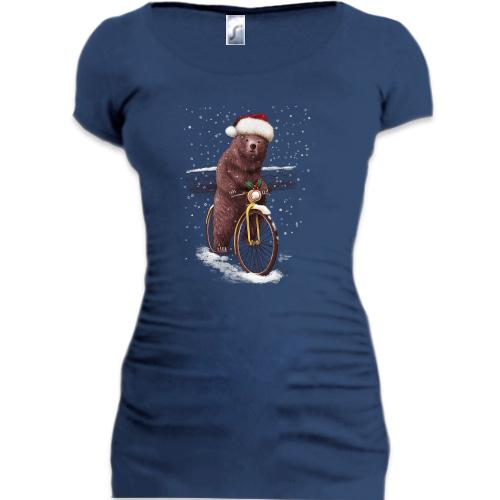 Подовжена футболка з ведмедем у шапці Санти та на велосипеді