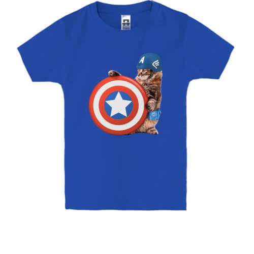 Детская футболка с котом - Капитан Америка