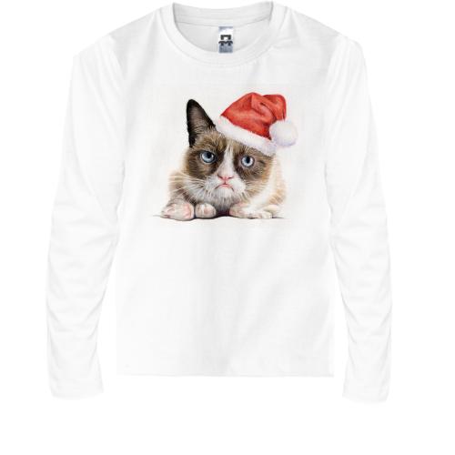 Детская футболка с длинным рукавом с грустным котом в шапке Сант