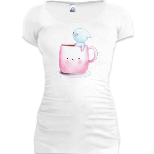 Подовжена футболка Котик у чашці арт