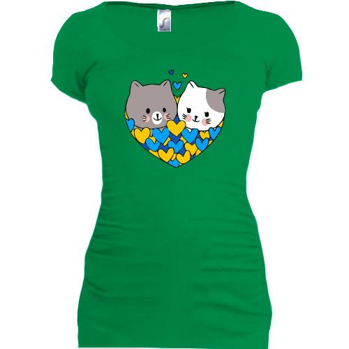 Подовжена футболка із закоханими котиками (жёлт/син)
