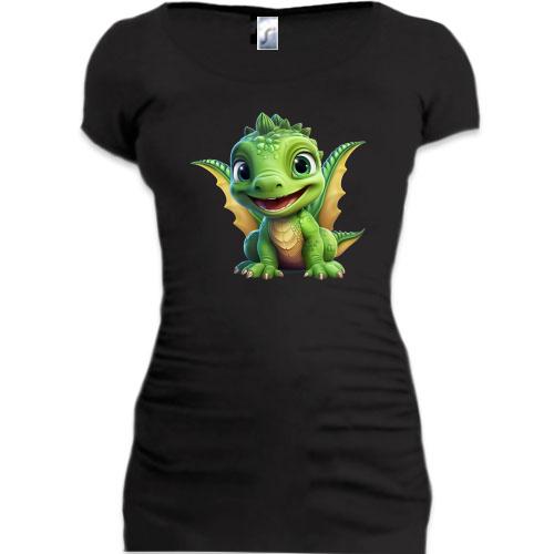 Подовжена футболка з маленьким зеленим дракончиком