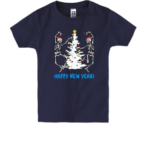 Детская футболка с скелетами и ёлкой Happy New Year