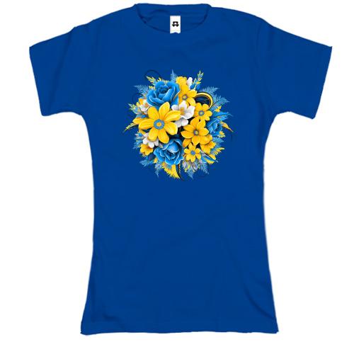 Футболка з жовто-синім букетом квітів (2)