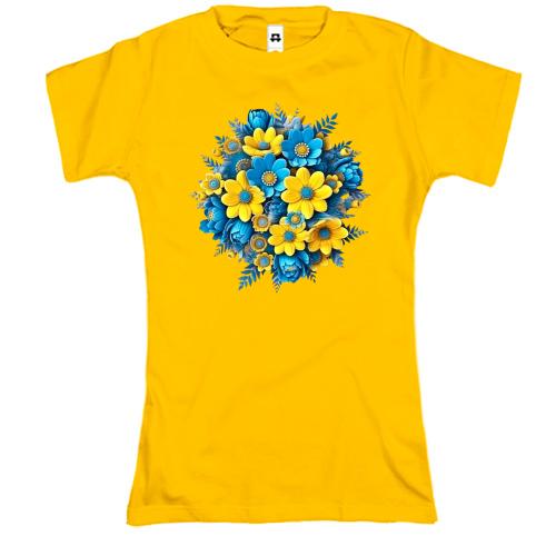 Футболка з жовто-синім букетом квітів (АРТ)