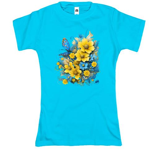 Футболка Жовто-синій квітковий арт з метеликом