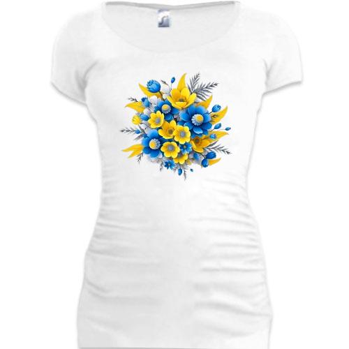 Подовжена футболка з жовто-синім букетом квітів