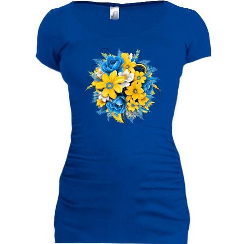 Подовжена футболка з жовто-синім букетом квітів (2)